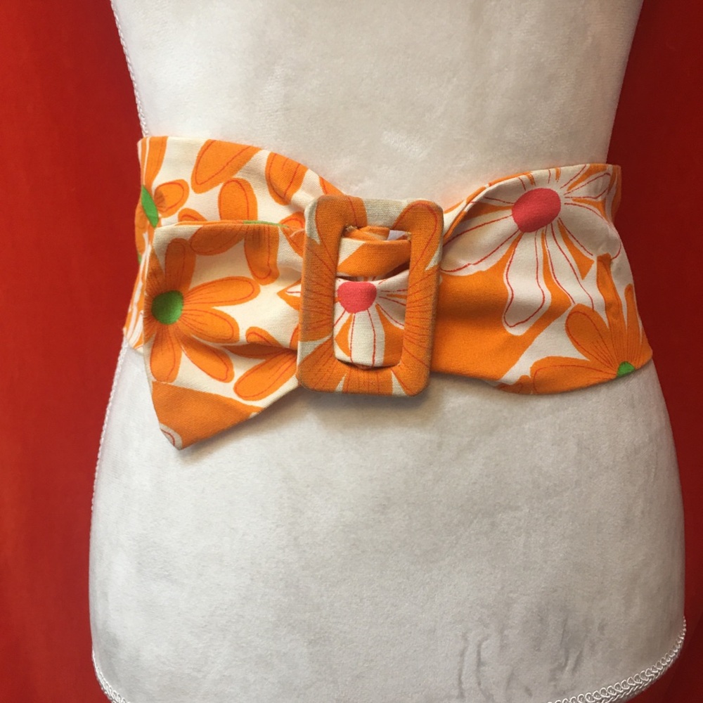 70s vintage floral fabric wide belt orange cotton size m